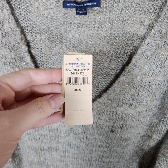 American Eagle Tunic Sweater Womens Beige Deep V Neck Knit Cottagecore Y2K New - Picture 3 of 15